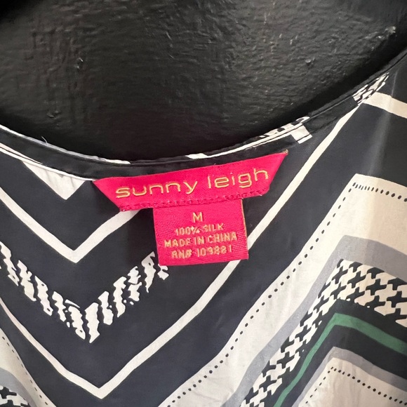 Sunny Leigh 100% Silk Chevron Midi Dress — Black, White & Green - Picture 3 of 4